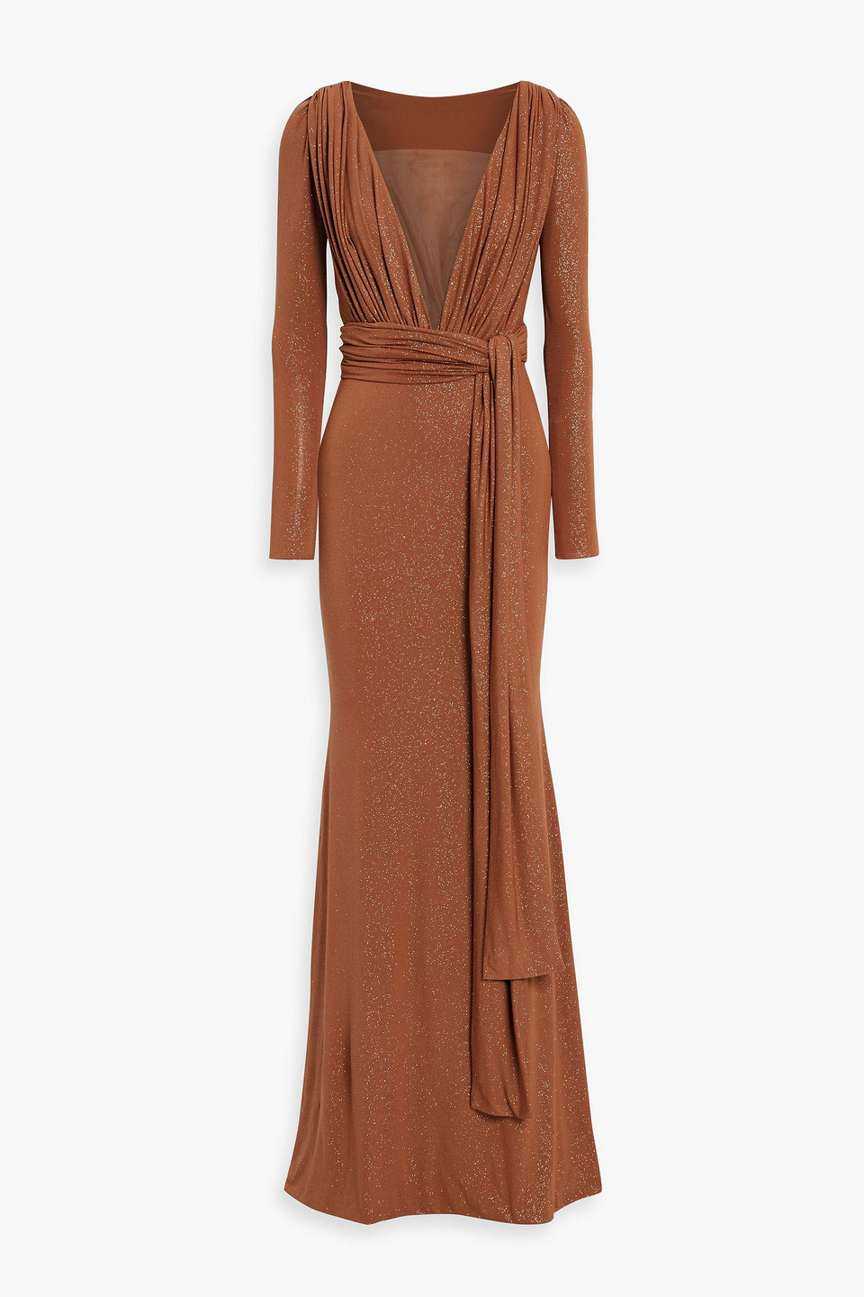 Rhea Costa Ruched Tulle-paneled Glittered Jersey Gown In Copper