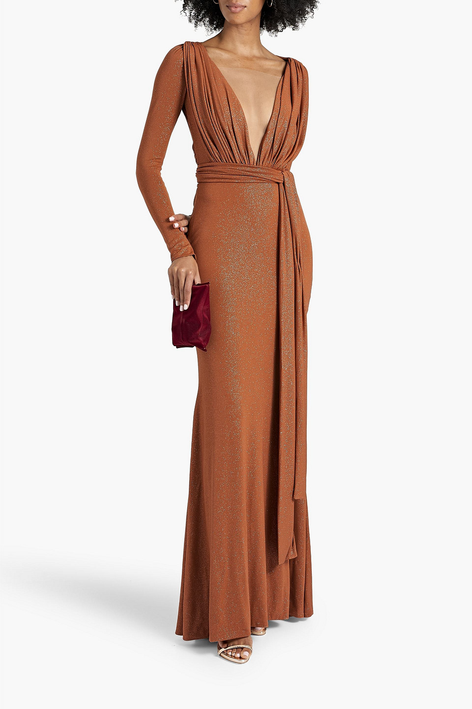 Shop Rhea Costa Ruched Tulle-paneled Glittered Jersey Gown In Copper