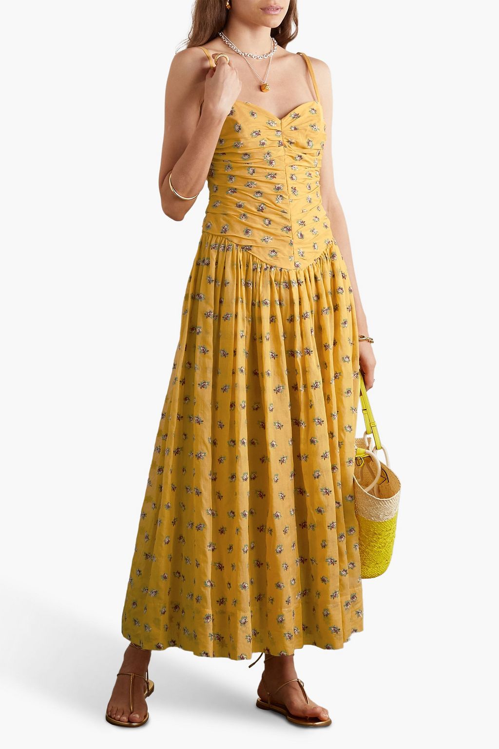 TORY BURCH فستان متوسط الطول من قطن فوال بتصميم مطرّز مزين بكسرات
