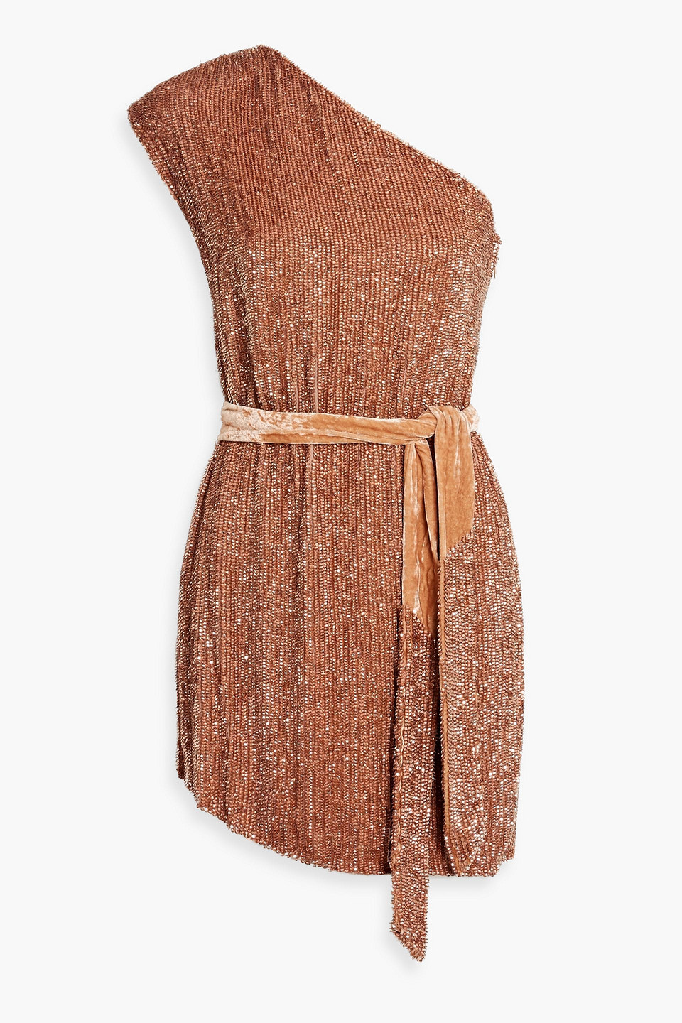 Shop Retroféte Ella One-shoulder Sequined Chiffon Mini Dress In Copper