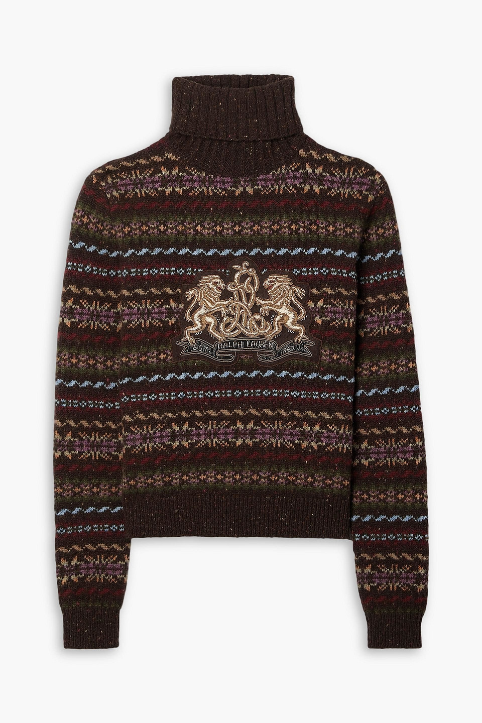 Ralph Lauren Embellished Intarsia Wool-blend Turtleneck Sweater In Dark Brown