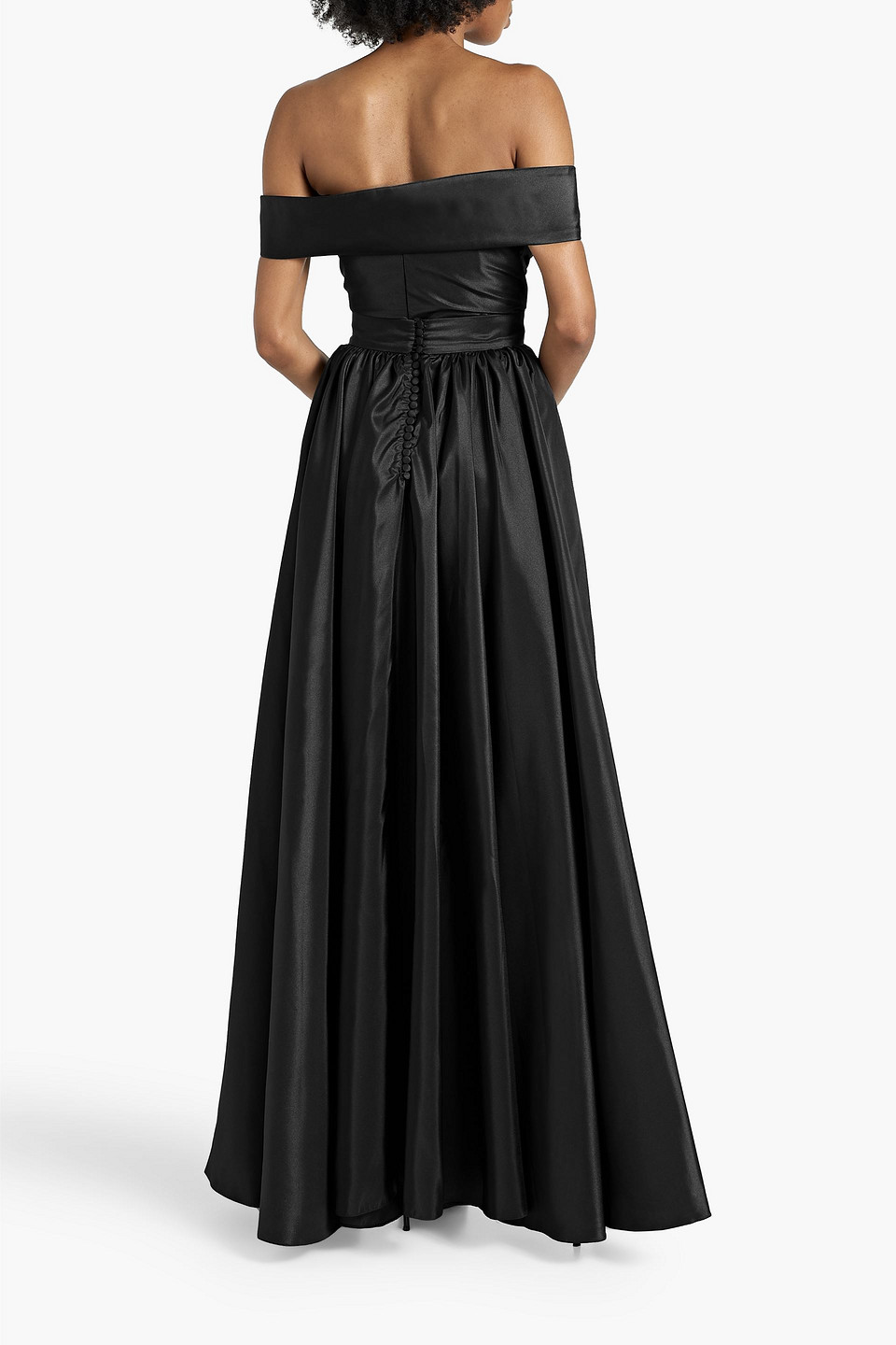 Shop Rhea Costa Convertible Off-the-shoulder Draped Satin Gown In Black