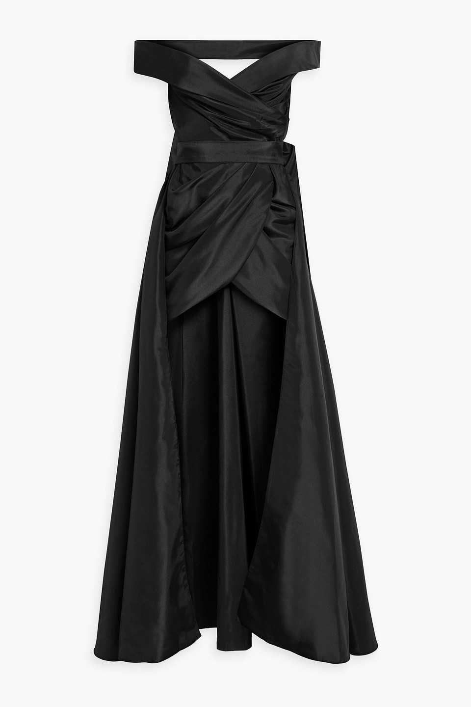 Convertible off-the-shoulder draped satin gown