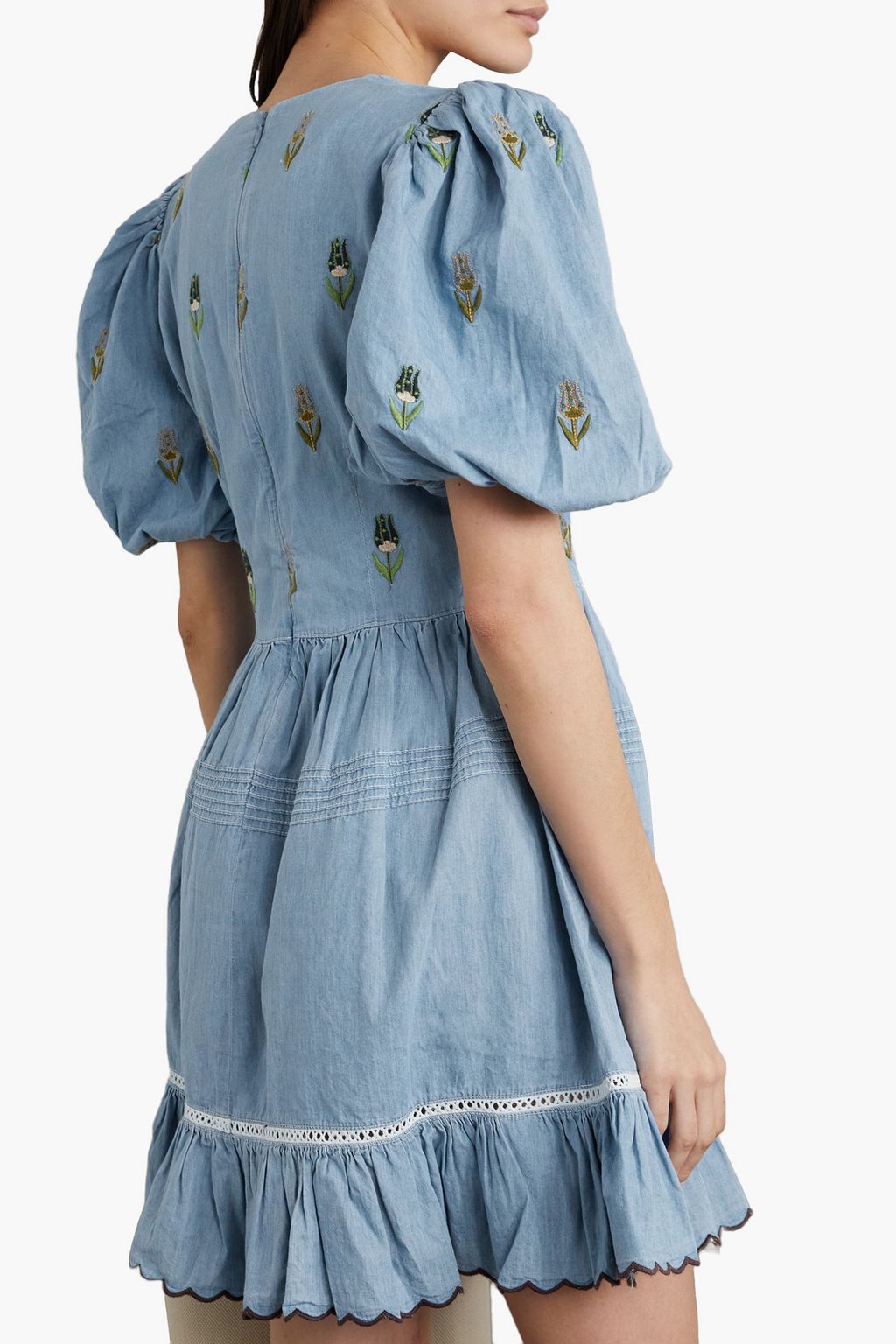 LUG VON SIGA Emma ruffled embroidered cotton-chambray mini dress