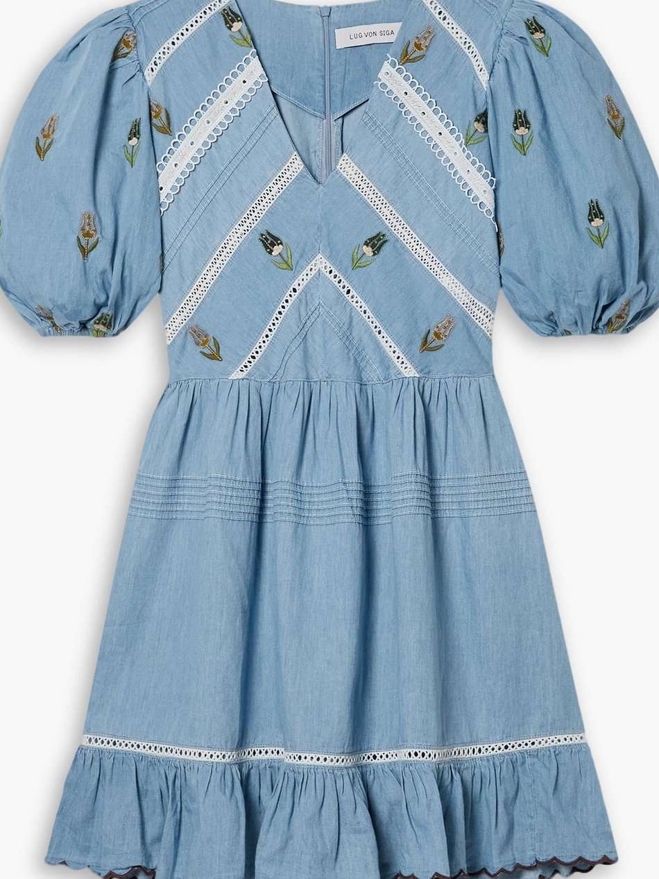 emma ruffled embroidered cotton-chambray mini dress