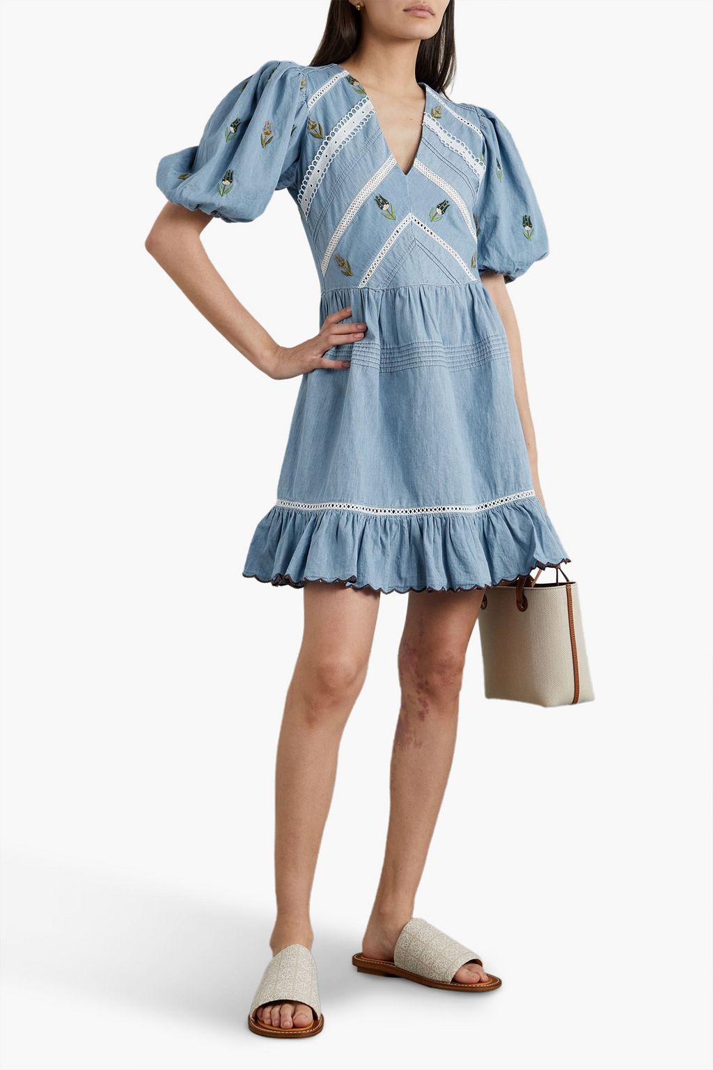 LUG VON SIGA Emma ruffled embroidered cotton-chambray mini dress