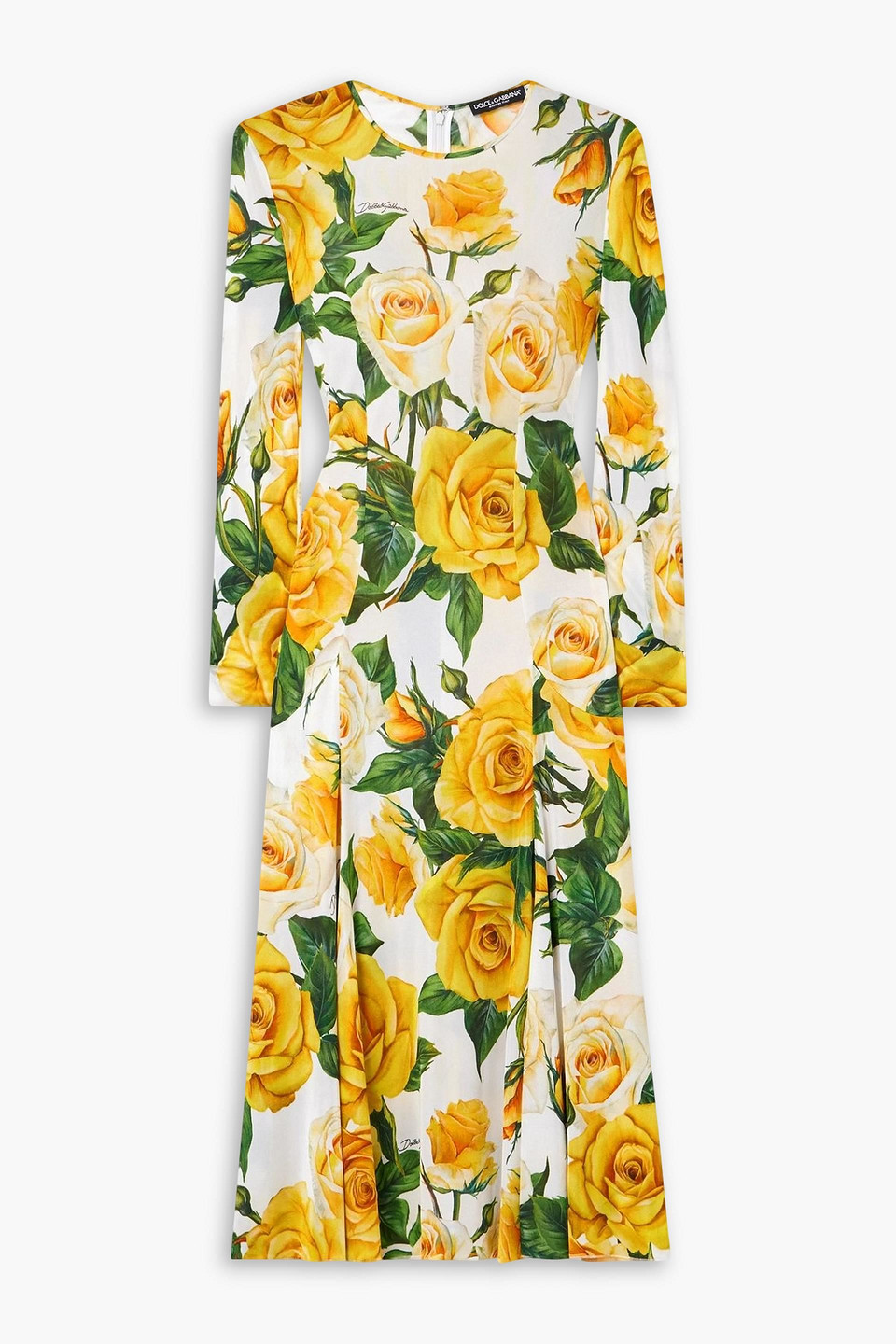 Dolce & Gabbana Rose Print Organza Midi Dress In Yellow