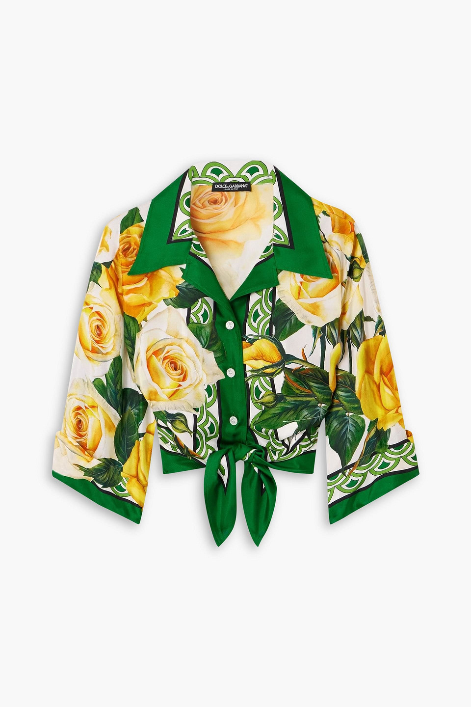 Dolce & Gabbana Cropped Tie-front Floral-print Silk-twill Shirt In Green