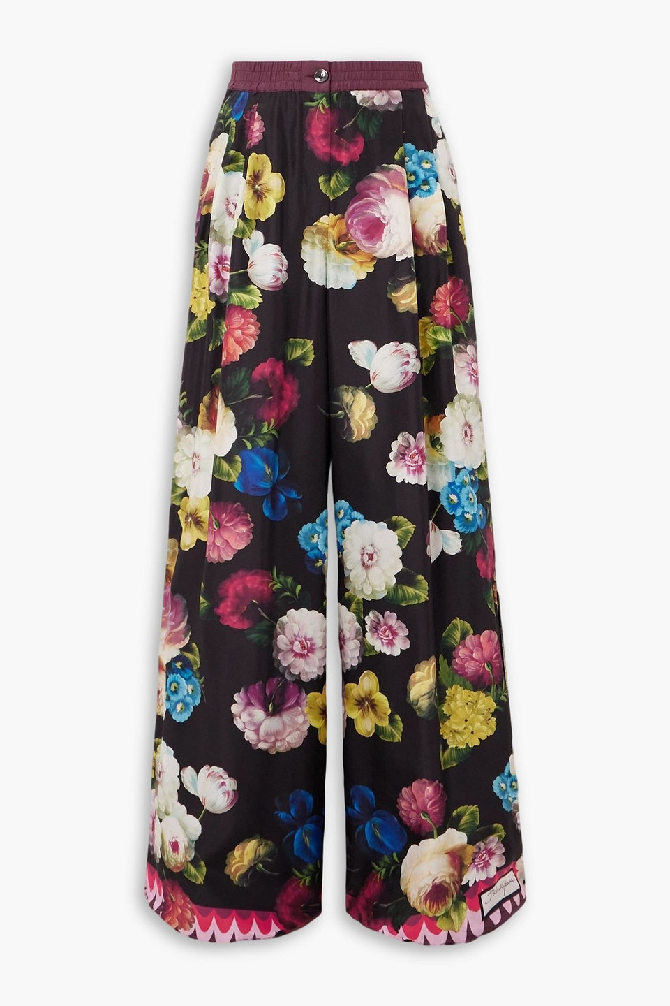 Dolce & Gabbana Floral-print Silk-twill Wide-leg Pants In Black