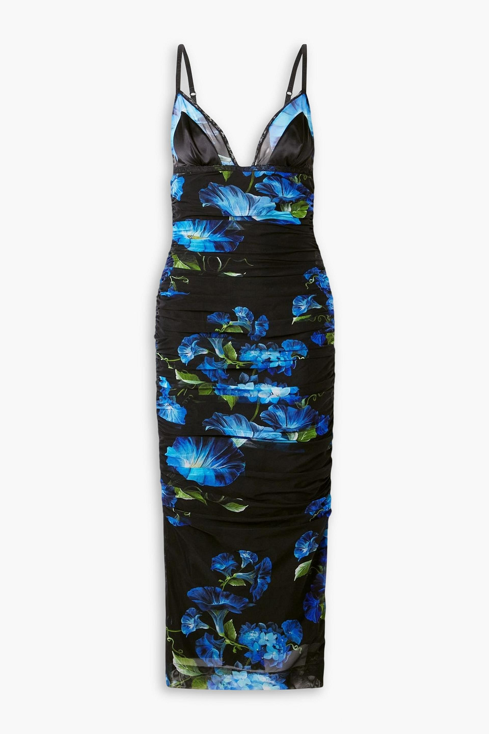 dolce&gabbana - satin and lace-trimmed ruched floral-print stretch-tulle midi dress - black - it 46