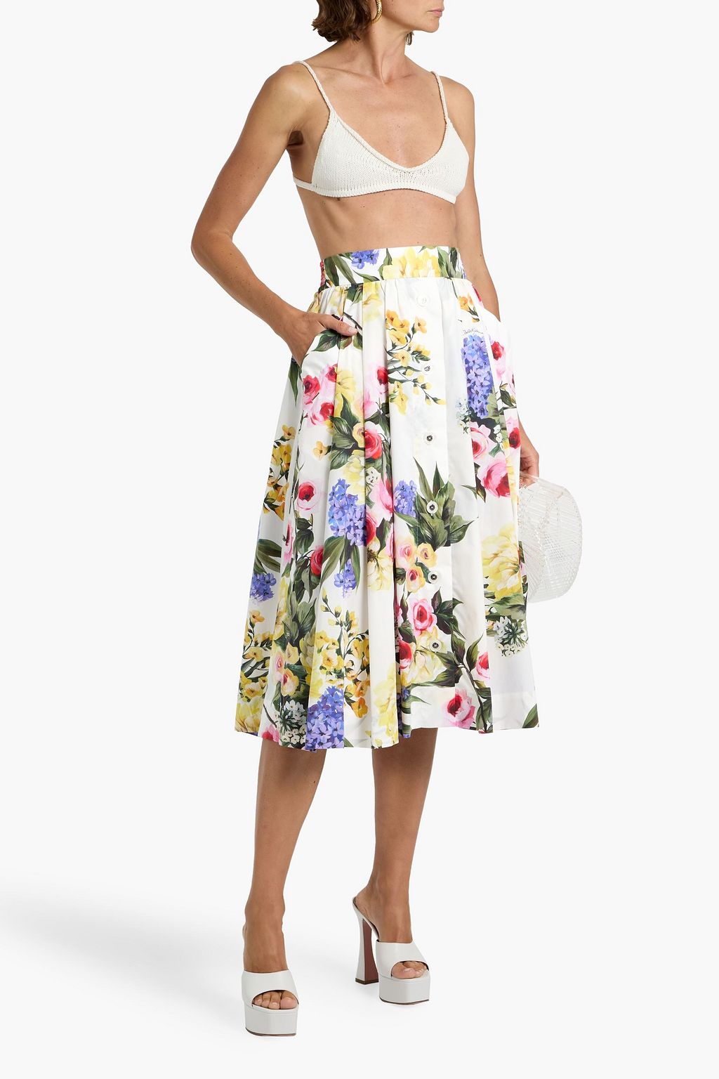 DOLCE&GABBANA Pleated floral-print cotton-poplin midi skirt