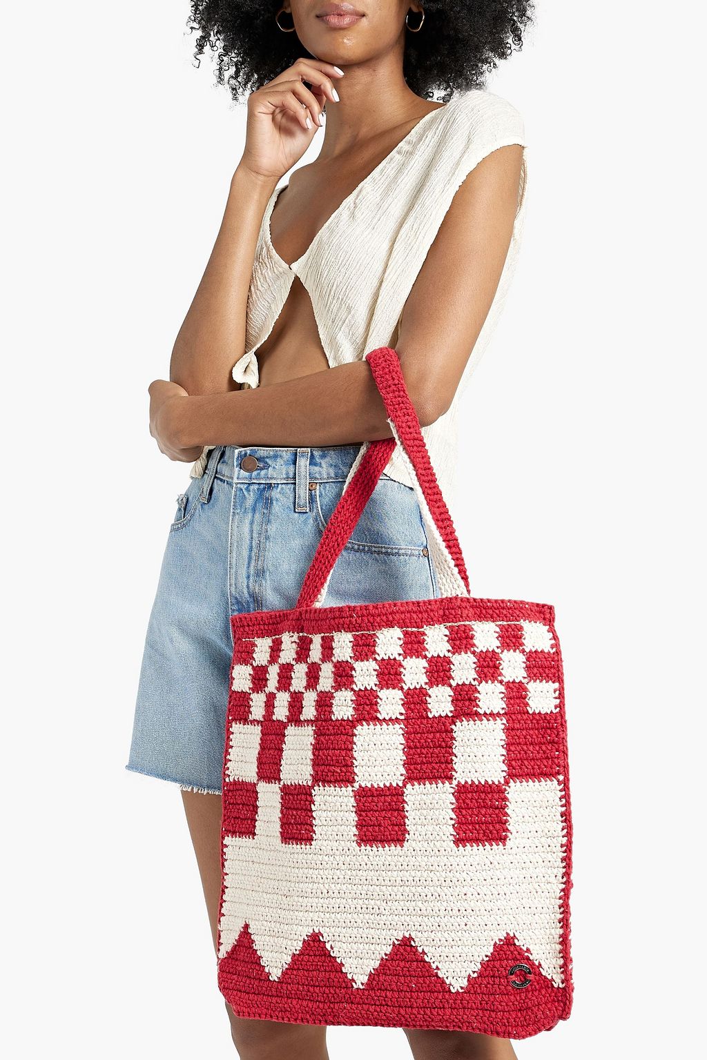 CATARINA MINA Chess checked crocheted cotton tote