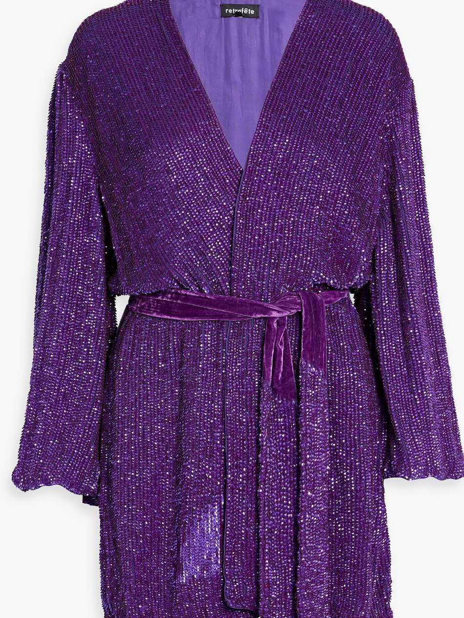 gabrielle velvet-trimmed sequined chiffon mini wrap dress