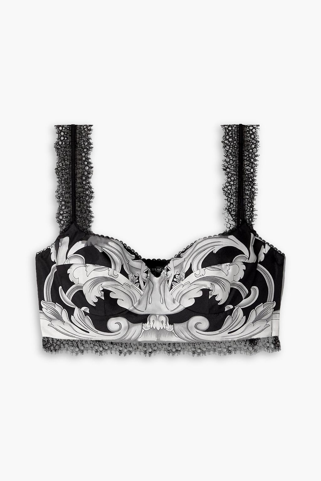 VERSACE Lace-trimmed printed silk-twill bra top