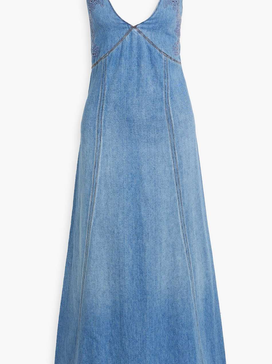 broderie anglaise-trimmed cotton and linen-blend chambray maxi dress