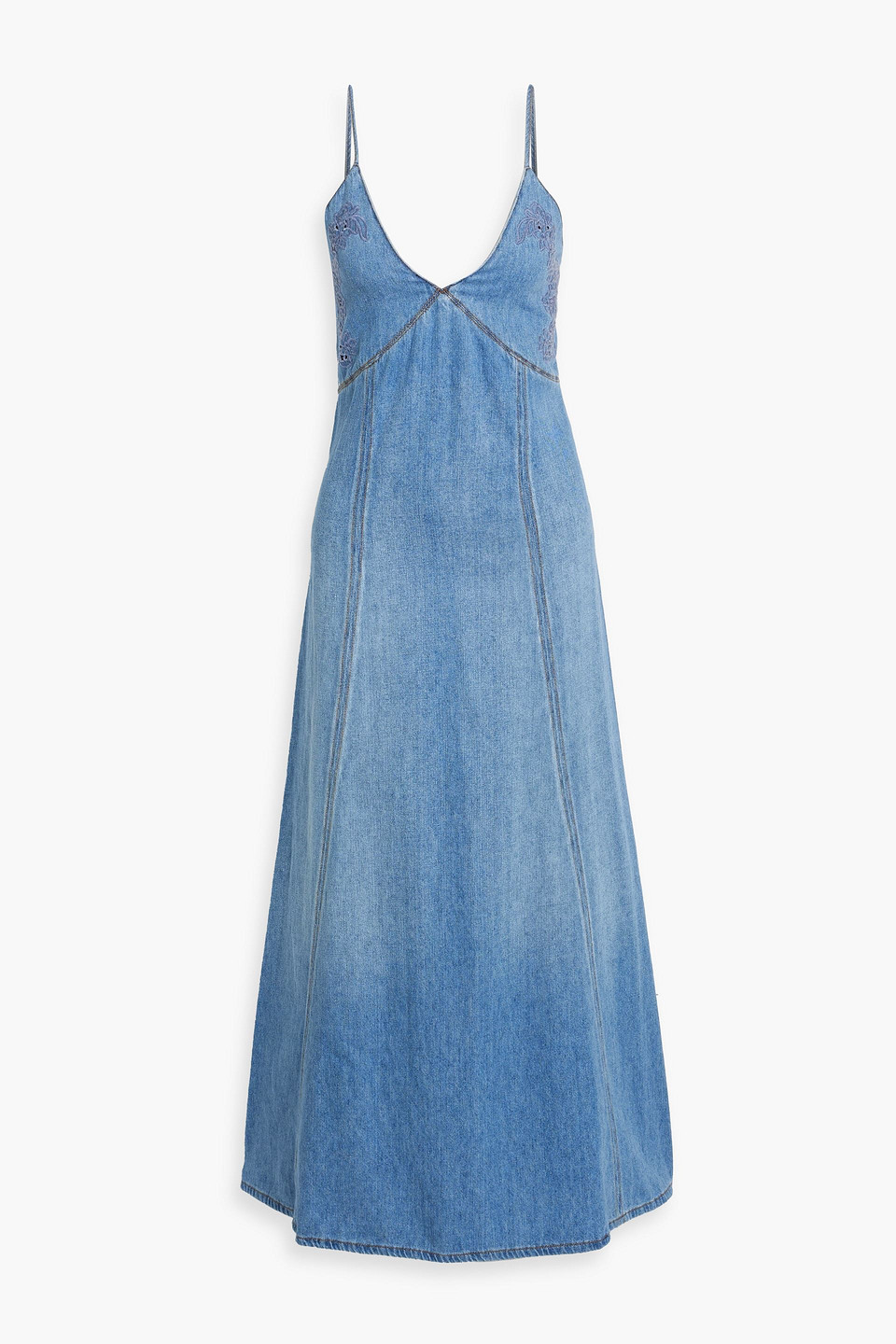Chloé Broderie anglaise-trimmed cotton and linen-blend chambray maxi dress