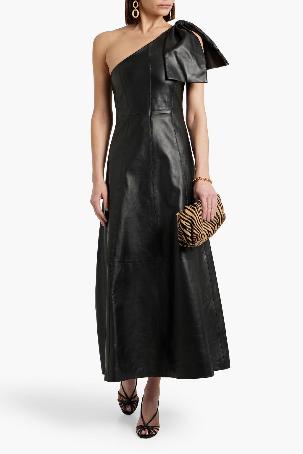 CHLOÉ One-shoulder bow-detailed leather maxi dress