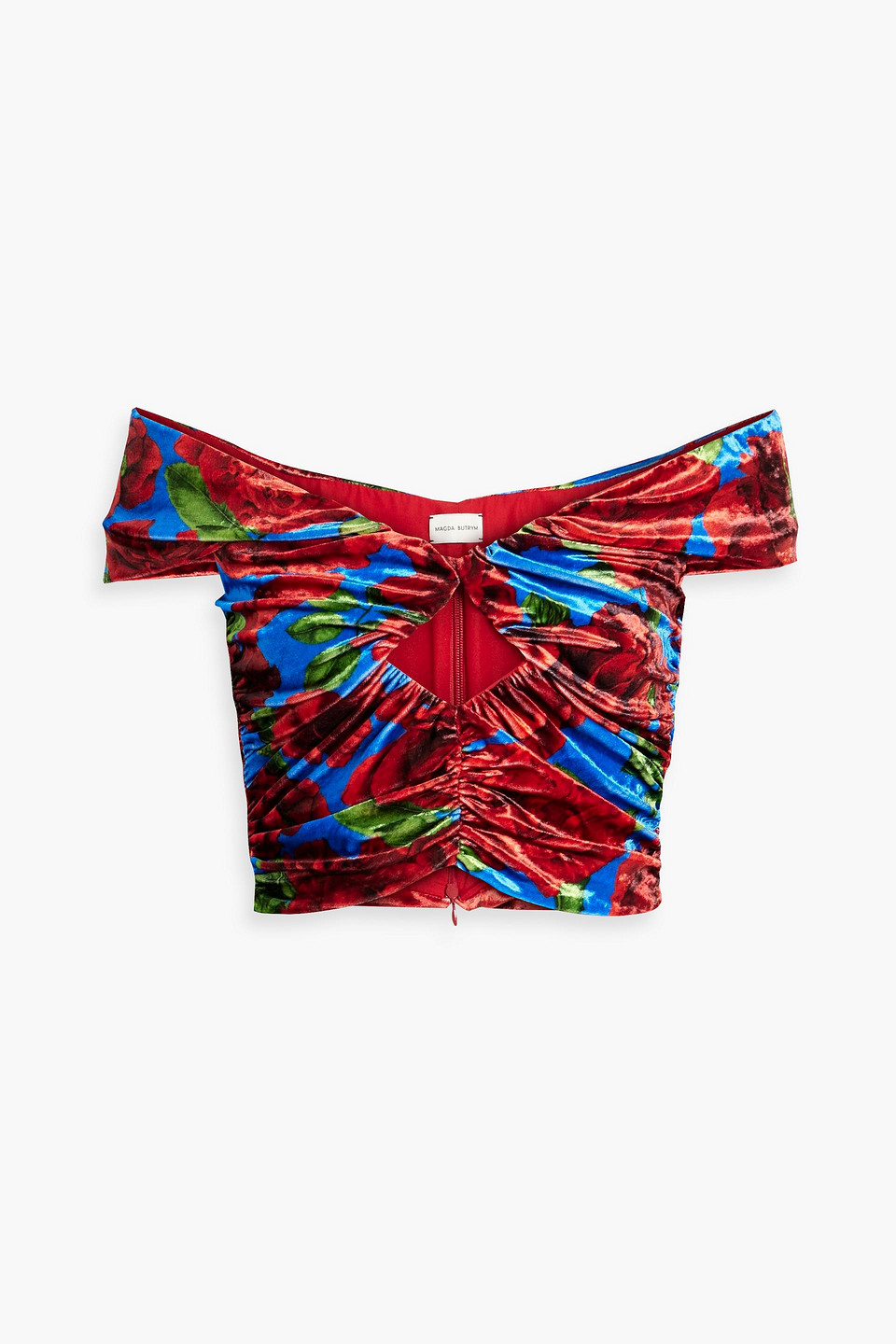 Off-the-shoulder cropped floral-print velour top