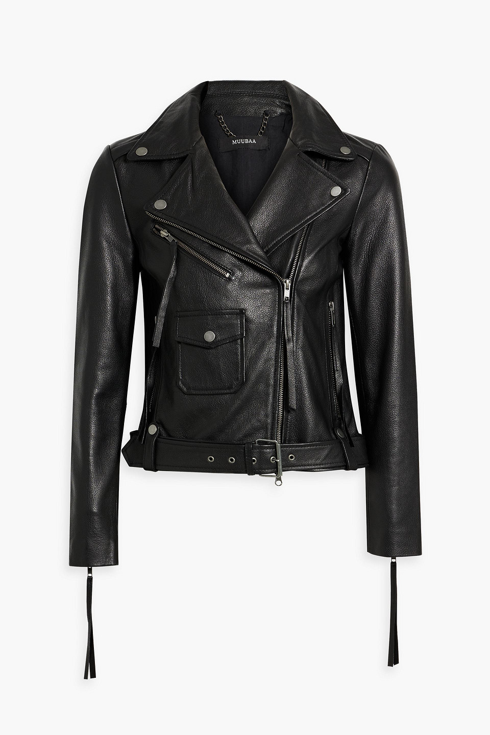 Muubaa Tasseled Belted Leather Biker Jacket In Black