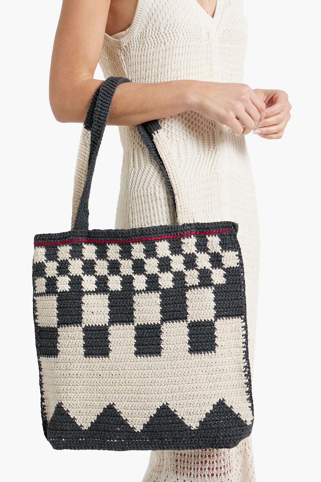 CATARINA MINA Chess checked crocheted cotton tote