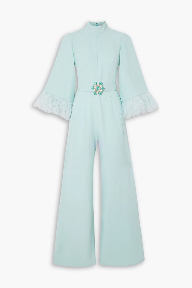 Feather-trimmed embellished crepe jumpsuit