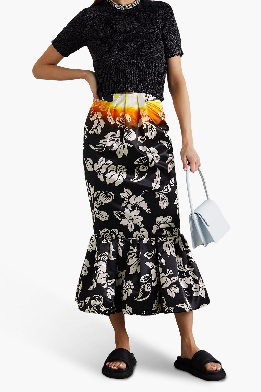 MERYLL ROGGE Ruffled floral-print cotton-blend satin midi skirt