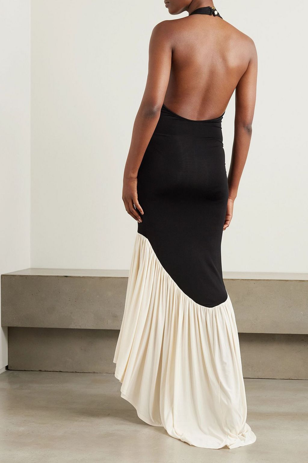 NINA RICCI Two-tone pleated jersey halterneck maxi dress