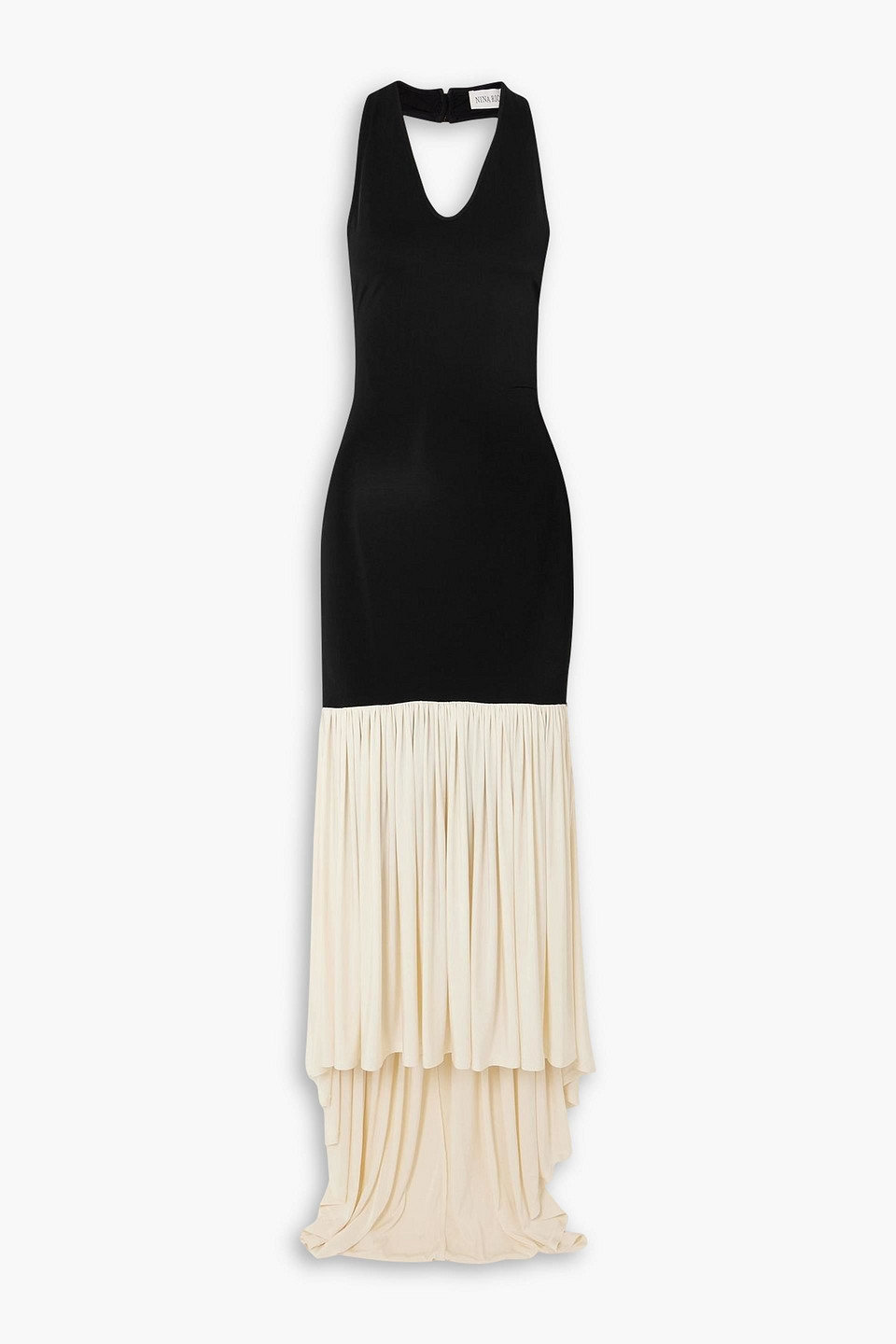 Nina Ricci Two-tone Pleated Jersey Halterneck Maxi Dress In Black