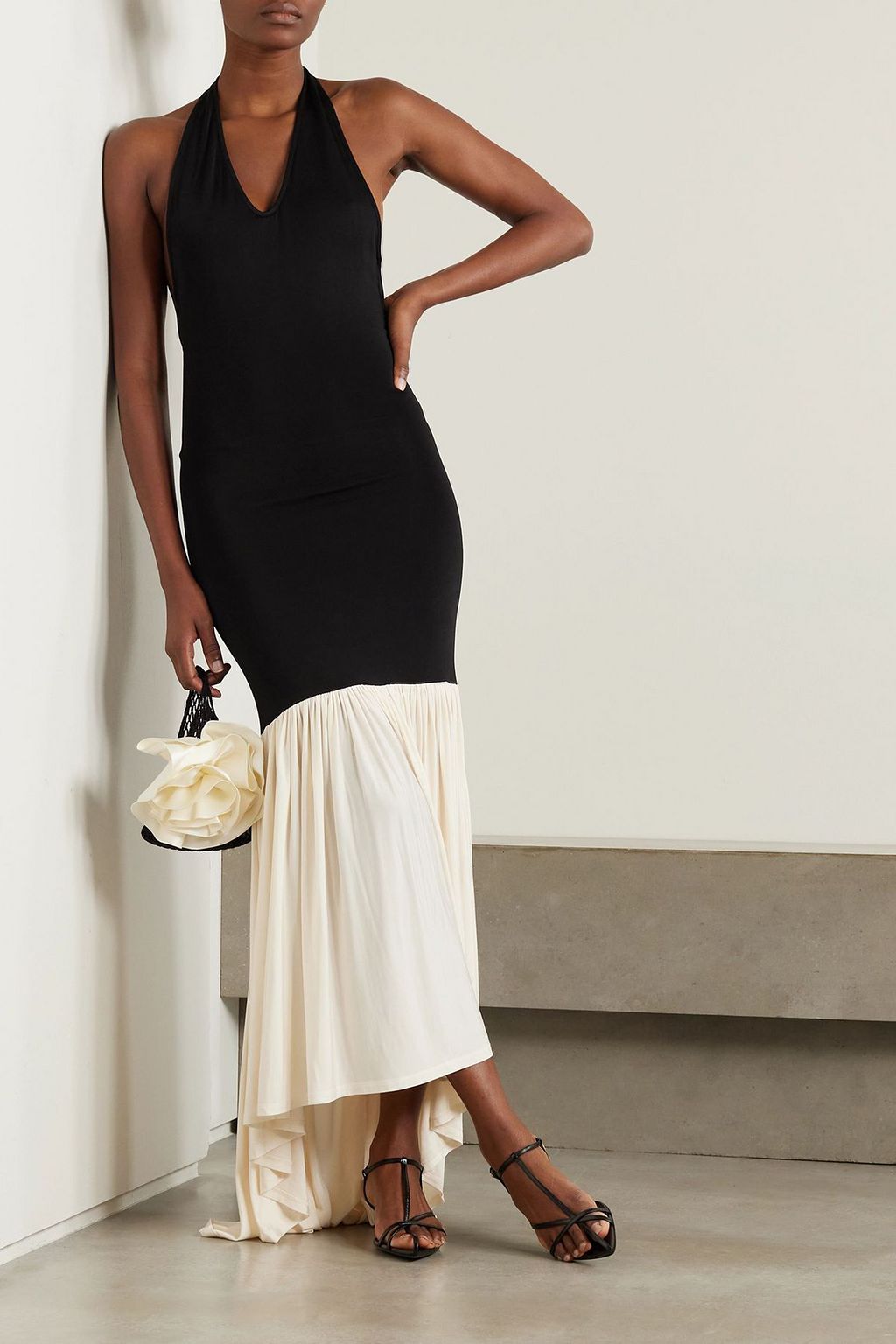 NINA RICCI Two-tone pleated jersey halterneck maxi dress
