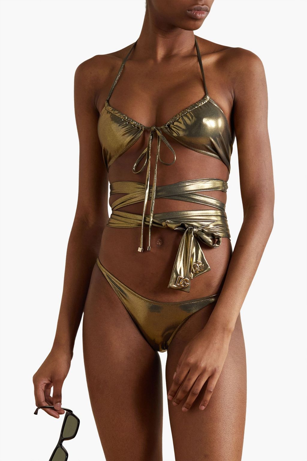 DOLCE&GABBANA BEACHWEAR 장식 디테일 스트레치 라메 홀터넥 비키니