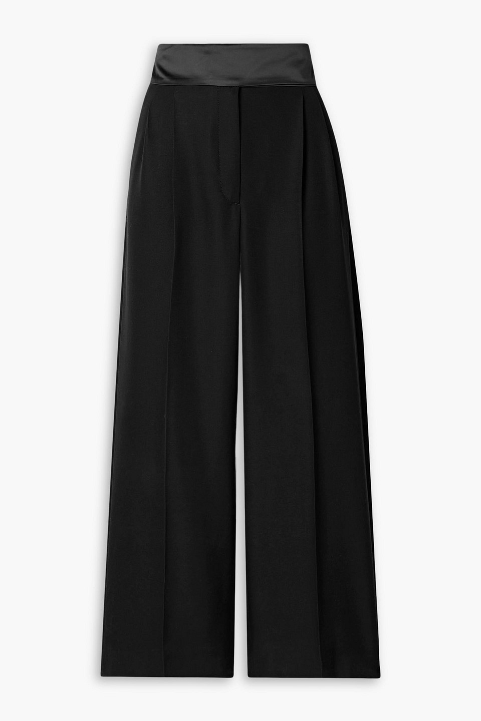 Stella Mccartney Pleated Satin-trimmed Wool-crepe Straight-leg Pants In Black