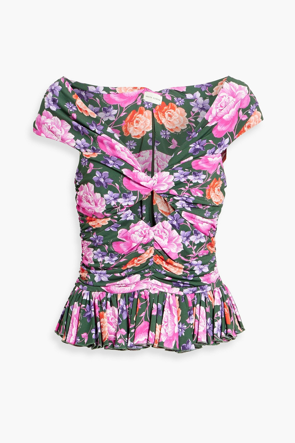 Shop Magda Butrym Off-the-shoulder Ruched Floral-print Jersey Top In Forest Green