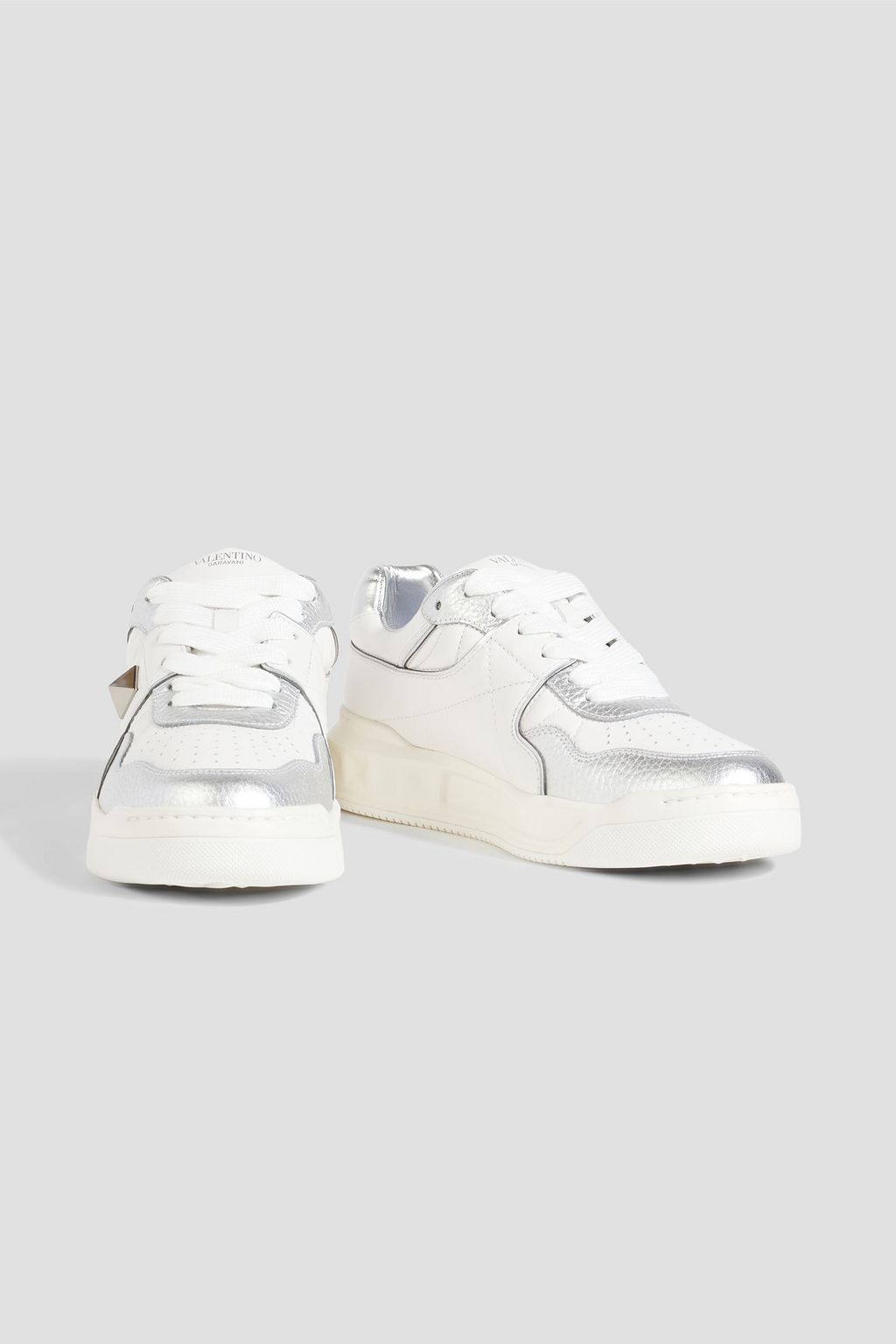 VALENTINO GARAVANI Roman Stud metallic smooth and pebbled-leather sneakers