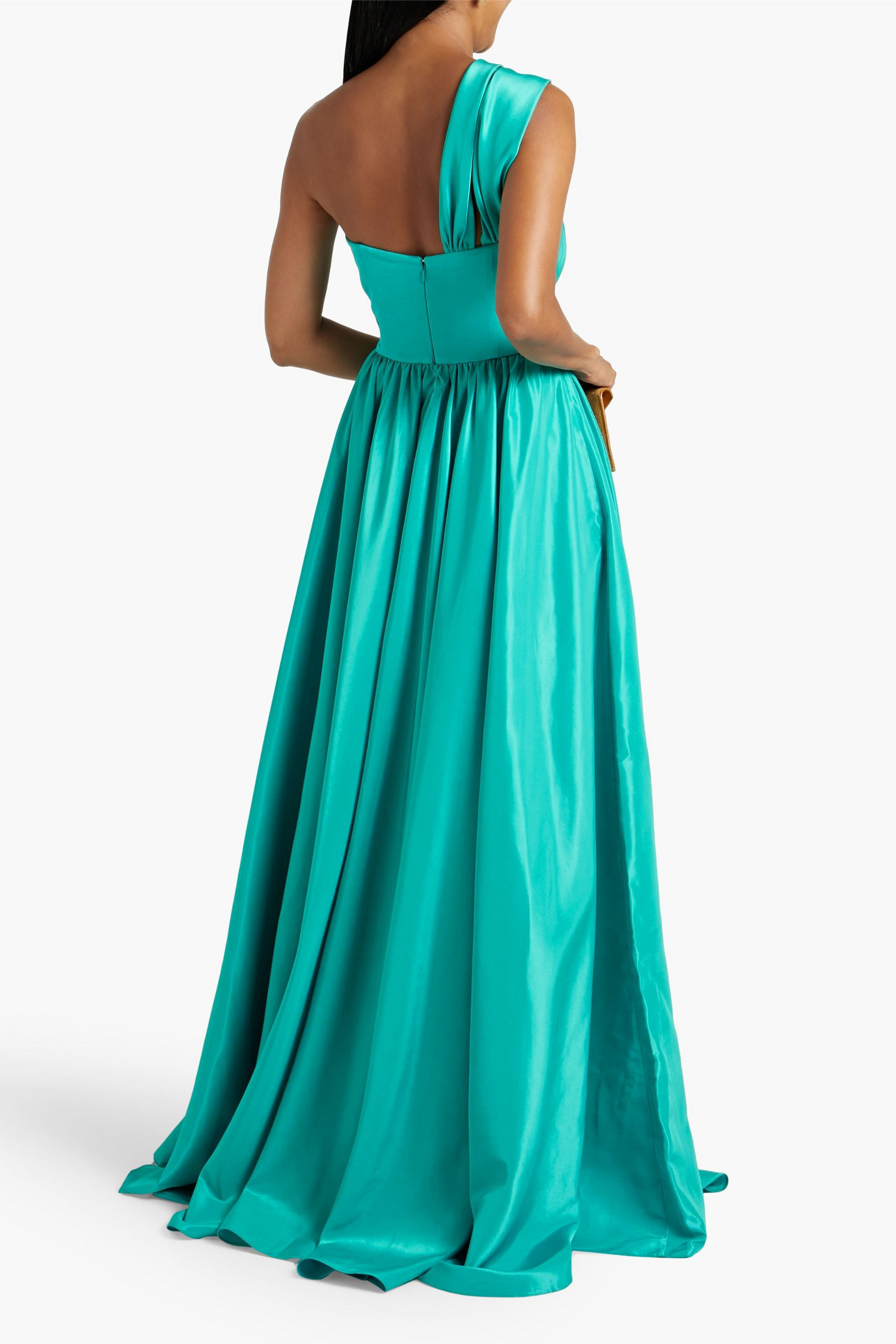 RHEA COSTA One-shoulder ring-embellished taffeta gown