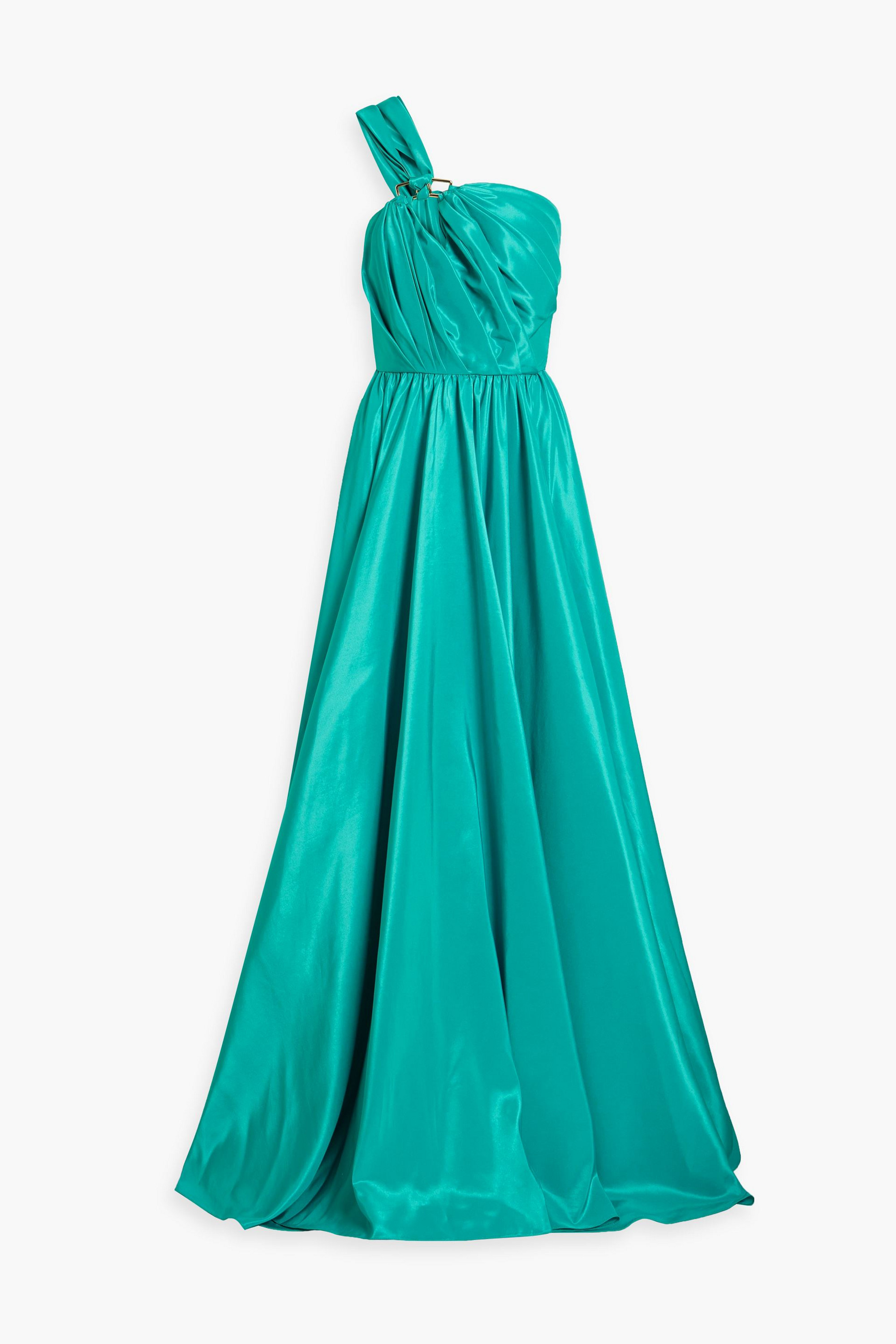 RHEA COSTA One-shoulder ring-embellished taffeta gown
