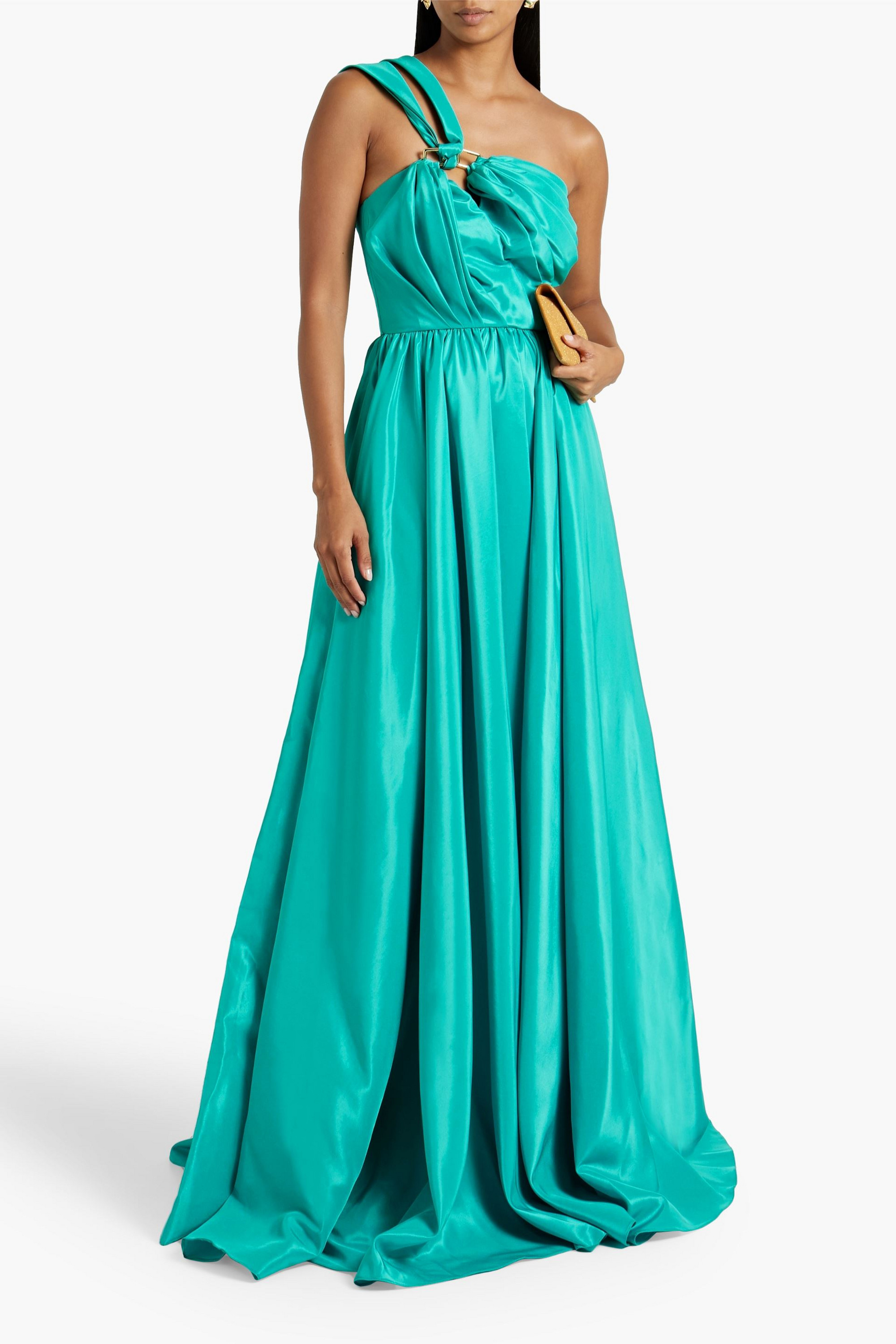 RHEA COSTA One-shoulder ring-embellished taffeta gown