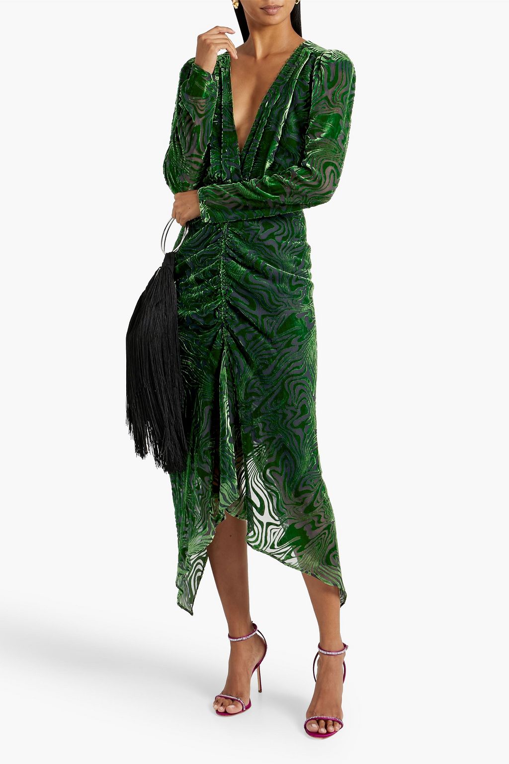 RONNY KOBO Ruched devoré-velvet midi dress