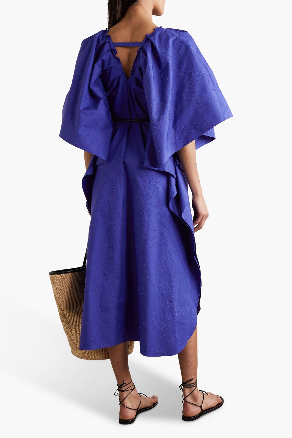 ROLAND MOURET Lange belted draped embroidered cotton-poplin midi dress