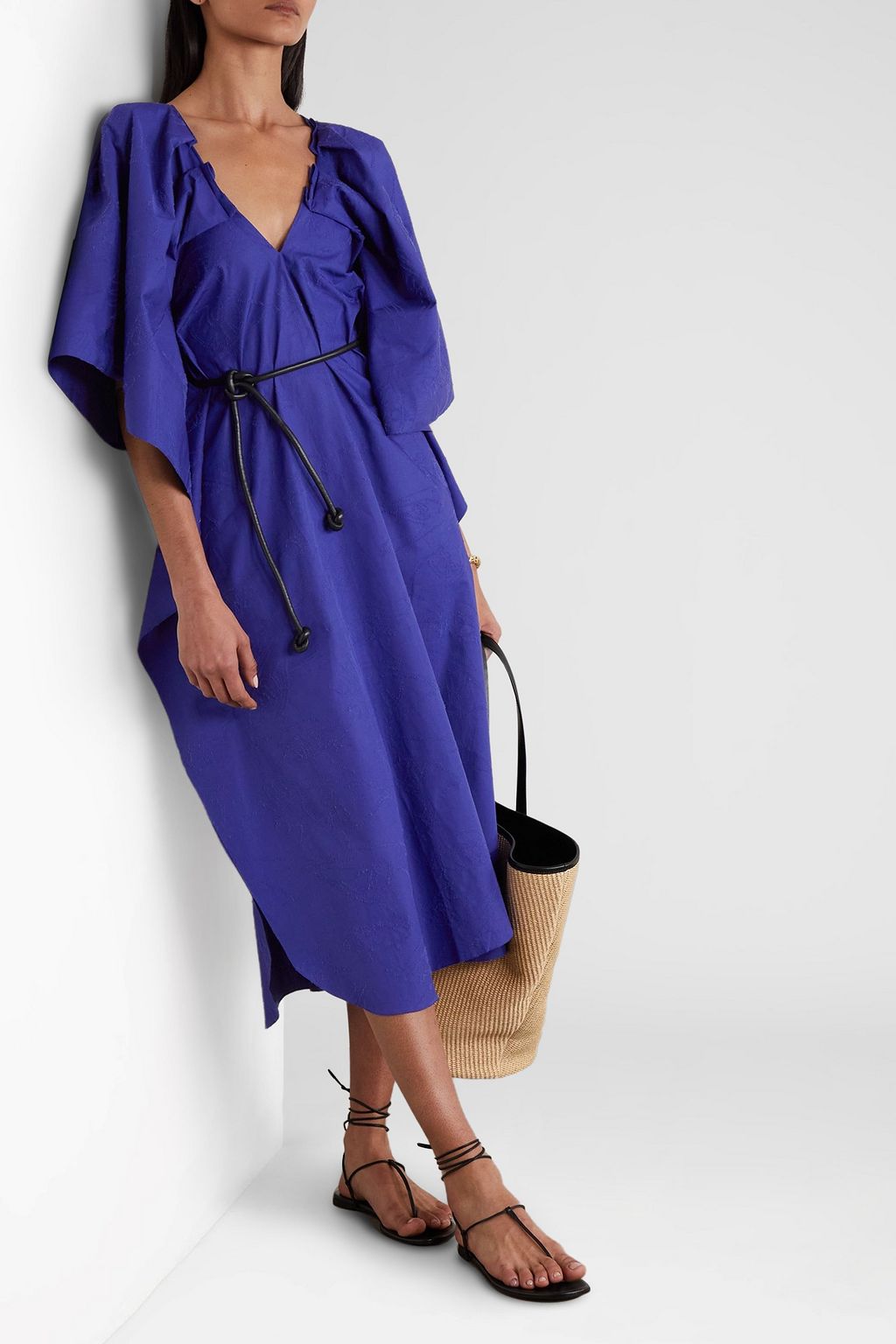 ROLAND MOURET Lange belted draped embroidered cotton-poplin midi dress