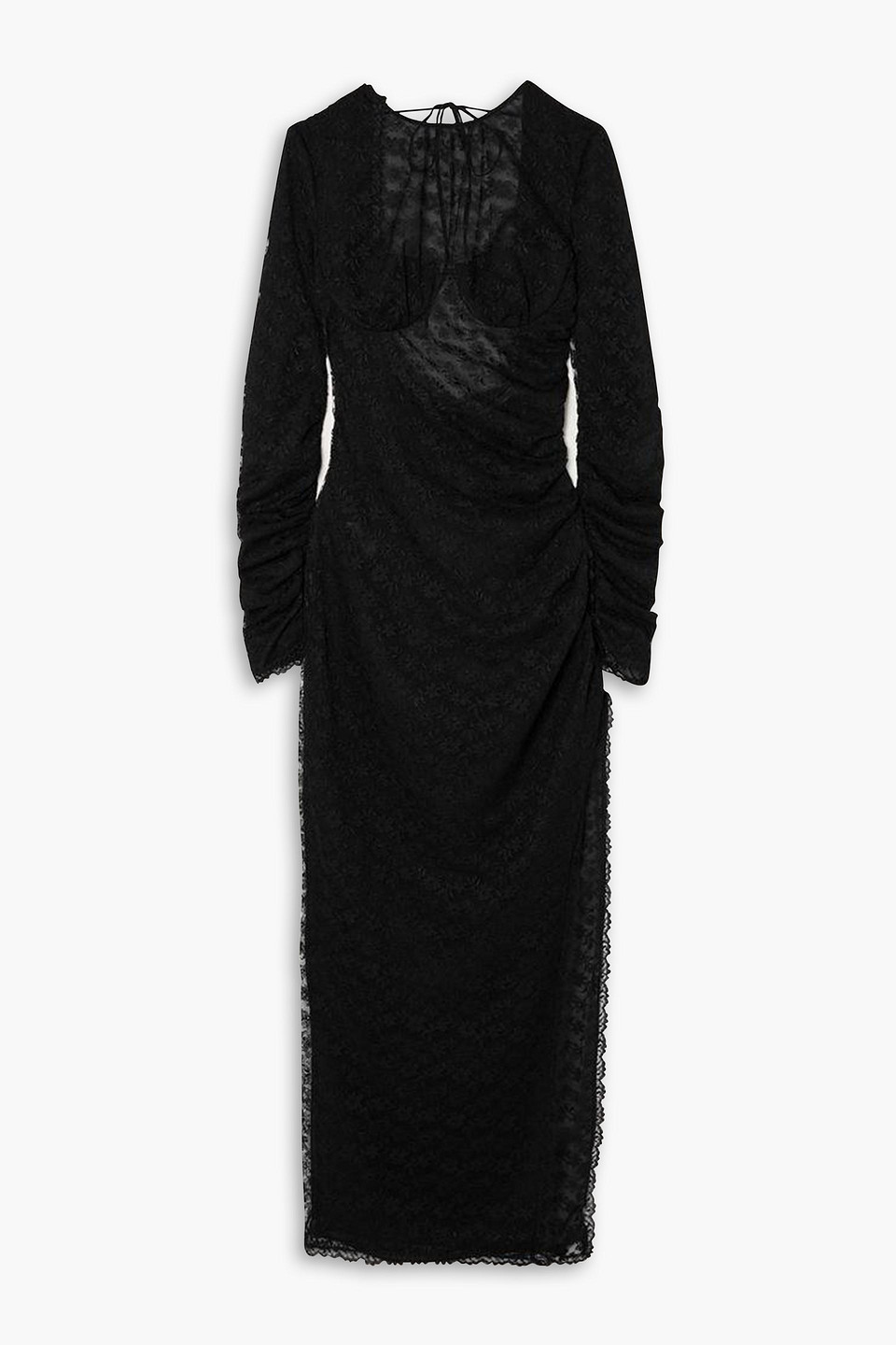 Alessandra Rich Open-back Ruched Lace Maxi Dress In Black