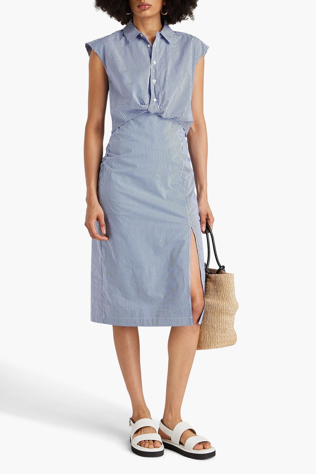 FRAME Cutout ruched cotton-poplin midi shirt dress