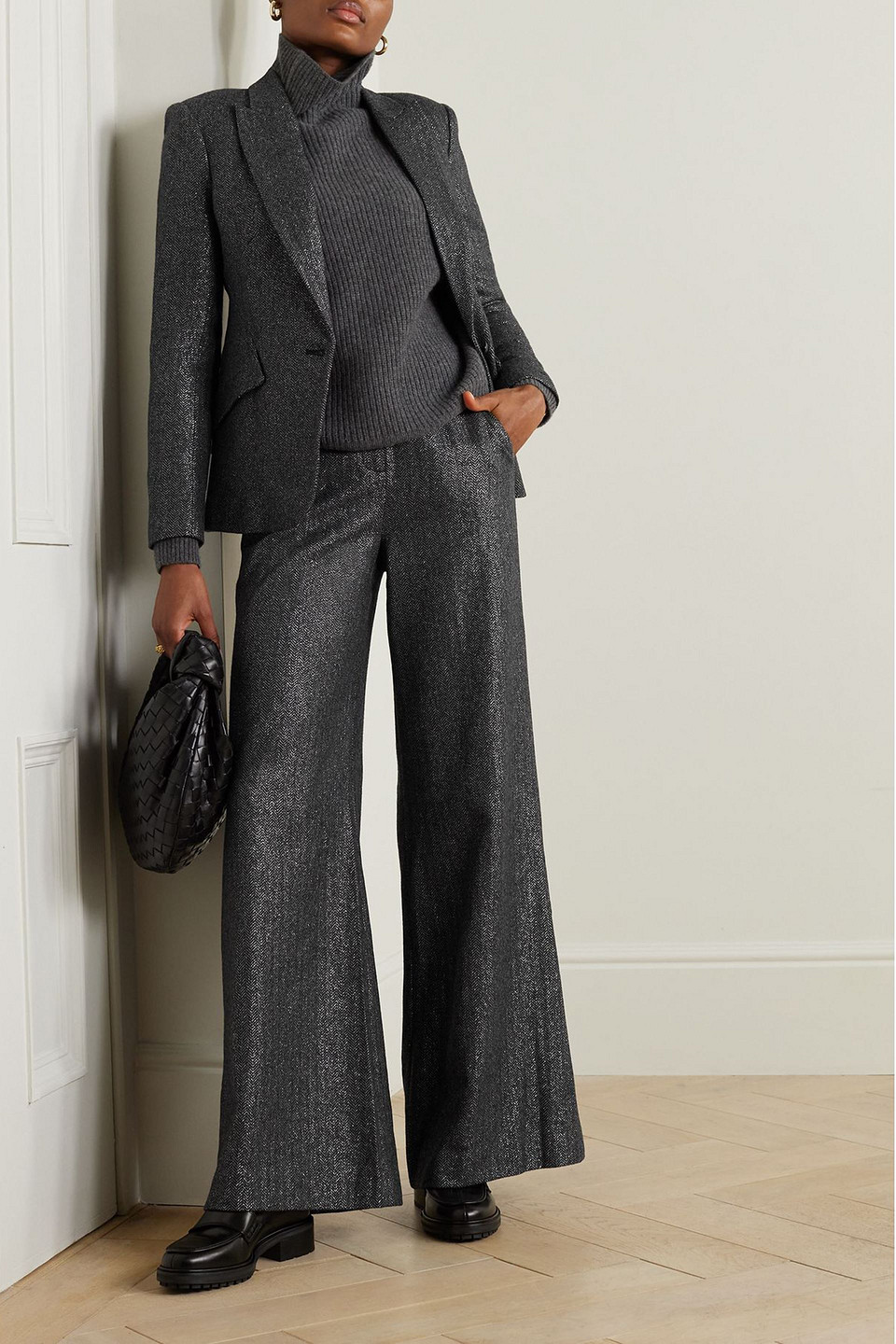  L'agence - Pilar Metallic Herringbone Wool-blend Wide-leg Pants - Gray - Us 4 