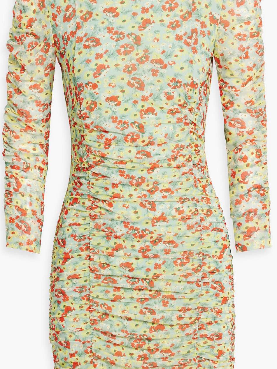 ruched floral-print stretch-mesh mini dress