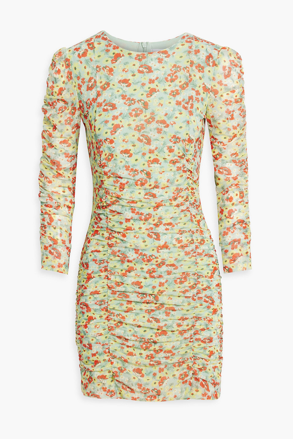 Ganni Ruched Floral-print Stretch-mesh Mini Dress In Mint