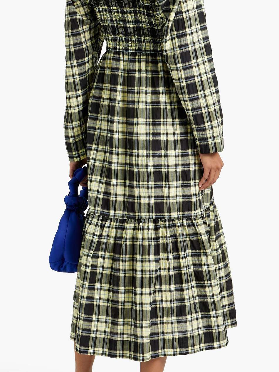 shirred checked cotton-blend seersucker midi dress