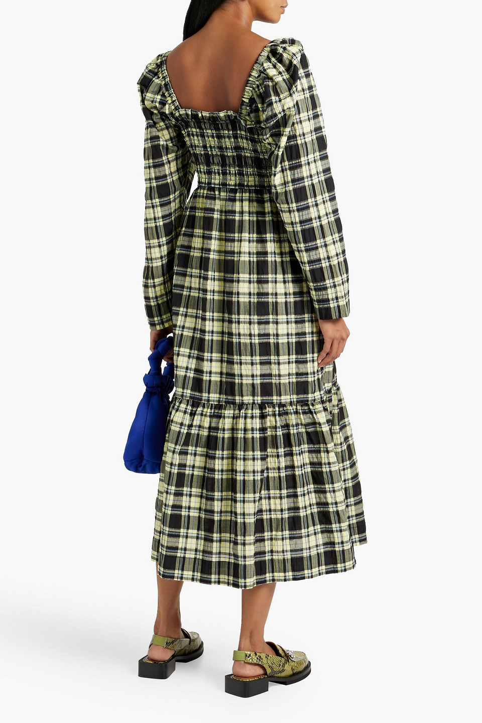 Shop Ganni Shirred Checked Cotton-blend Seersucker Midi Dress In Yellow