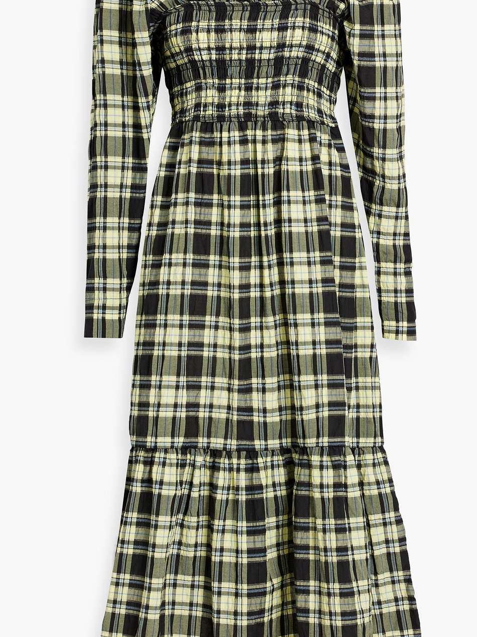 shirred checked cotton-blend seersucker midi dress