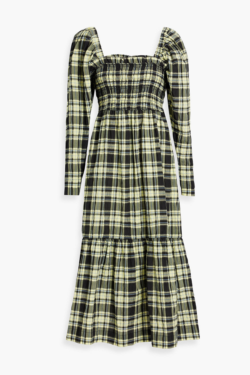 Shop Ganni Shirred Checked Cotton-blend Seersucker Midi Dress In Yellow