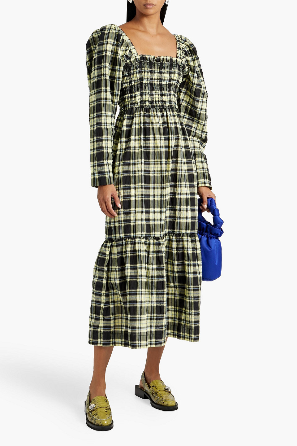 Shop Ganni Shirred Checked Cotton-blend Seersucker Midi Dress In Yellow