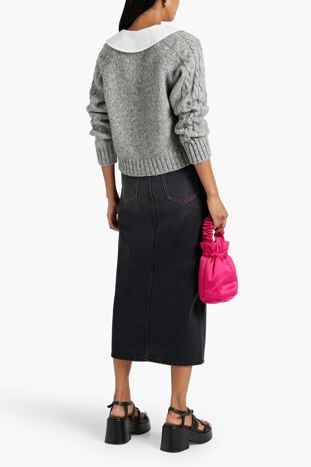 GANNI Cardigan aus einer Baumwollmischung mit Zopfstrickmuster und Popelinebesatz